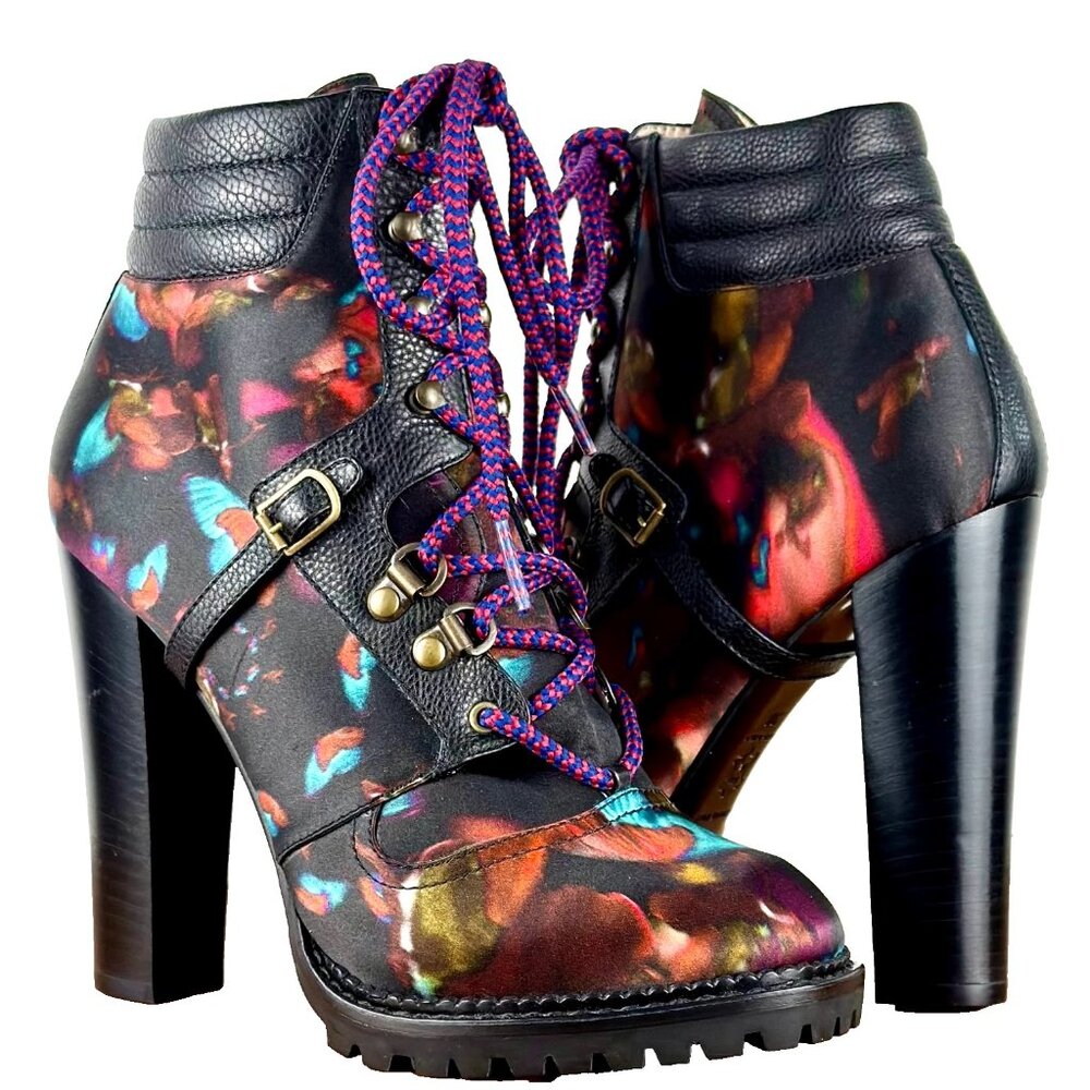 Nicholas Kirkwood x Erdem Women's Ankle Boots Vibrant Silk + Black Leather Sz 8